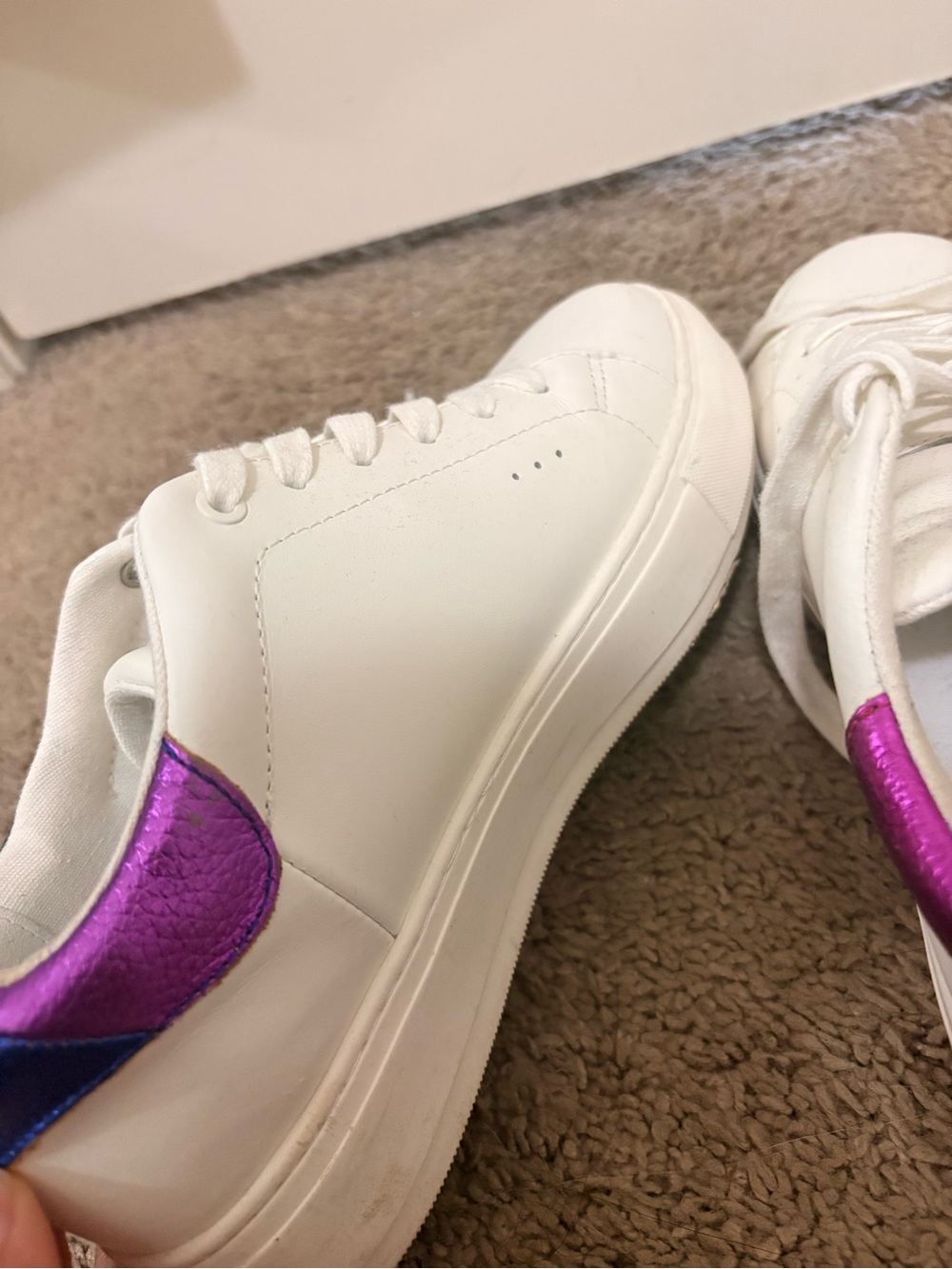 Kurt Geiger White Leather Sneakers with Rainbow Metallic Heel Accents - Picture 4 of 5
